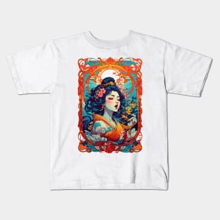 Singing Geisha Japanese art retro vintage floral design Kids T-Shirt